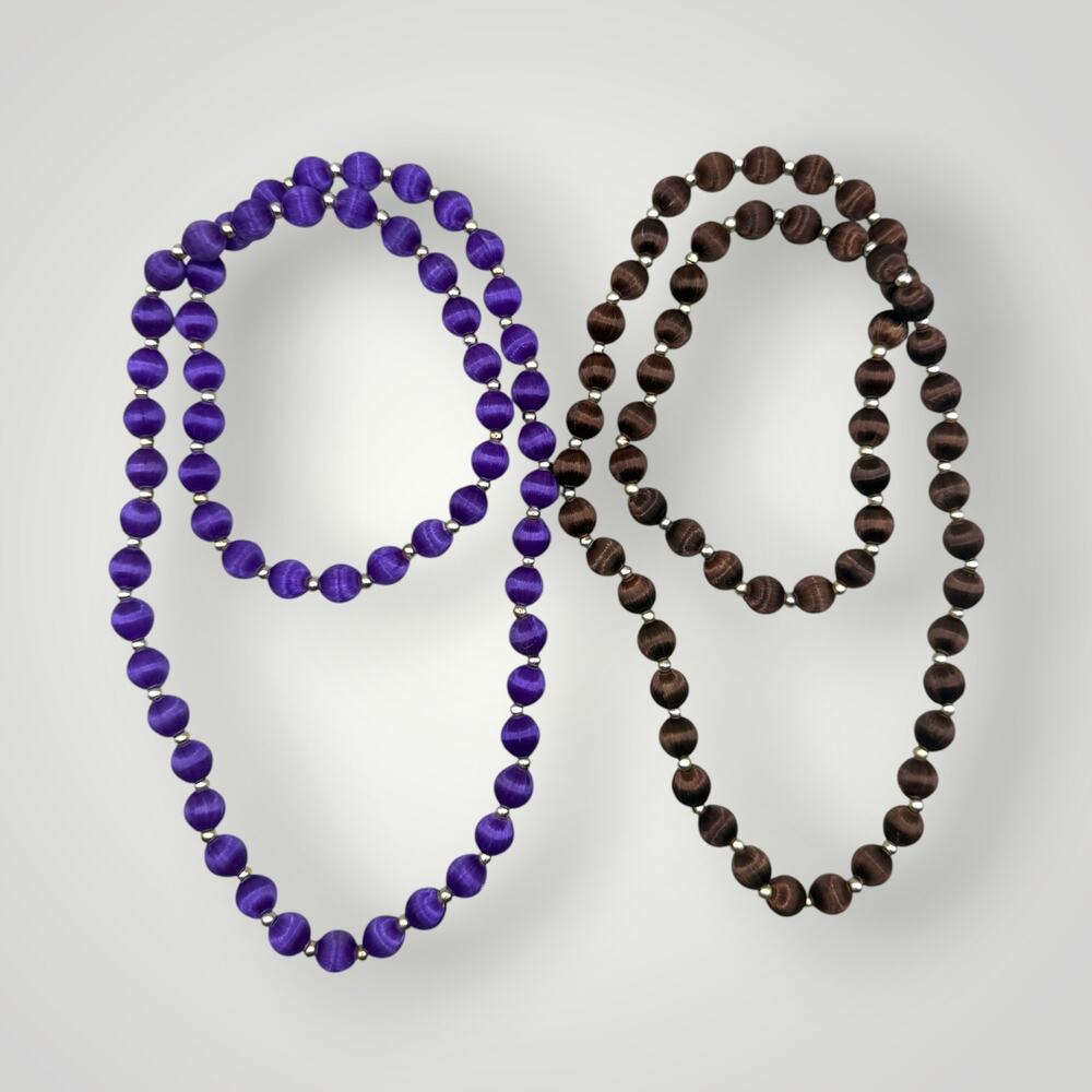 Vintage Style Purple & Brown Silk Thread Wrapped Bead Necklaces 30” Set of 2
